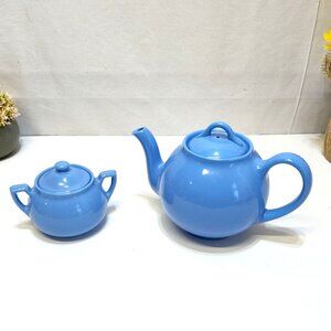 Lipton Tea Hall China Sadler Blue 1940 Ceramic Teapot Sugar Bowl Set Chipped Rim